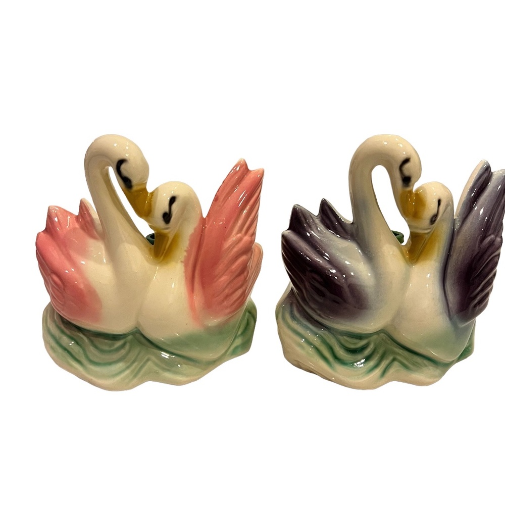 American Bisque Pottery APCO Double Swan Love Bird Bud Vases (2) Pink & Purple
